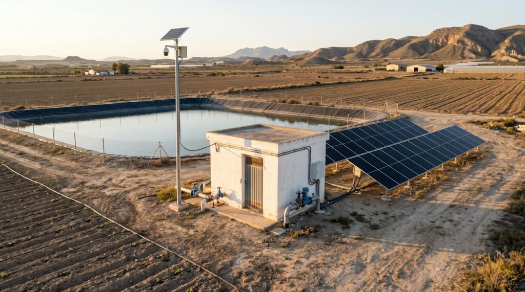 Caseta de riego con placas solares y cámara de vigilancia solar