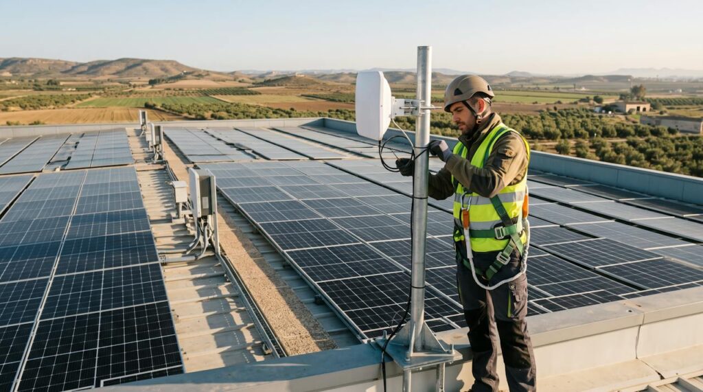 Técnico instalando un radioenlace en una cubierta con placas solares