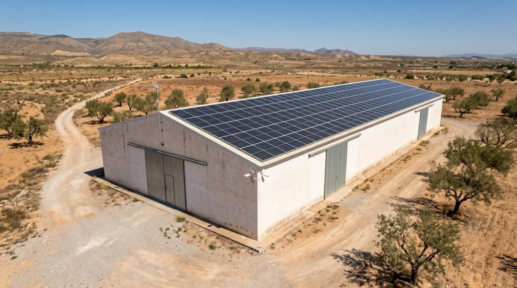Nave agrícola aislada con placas solares en cubierta y cámaras de seguridad